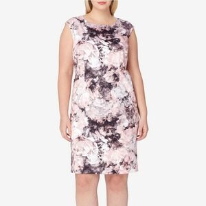 Tahari Womens 18 Floral Sheath Dress Sleeveless Knee Length Pink Grey V Back